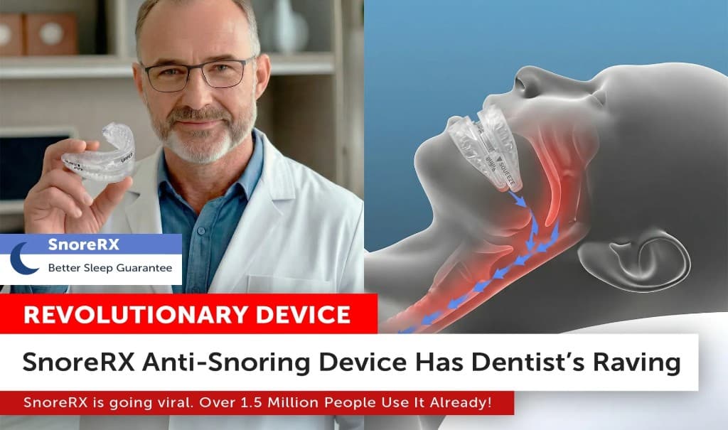 SnoreRX anti-snoring device promotional graphic with dentist and airway illustration