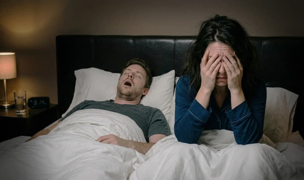 Frustrated partner unable to sleep next to a snorer in bed at night