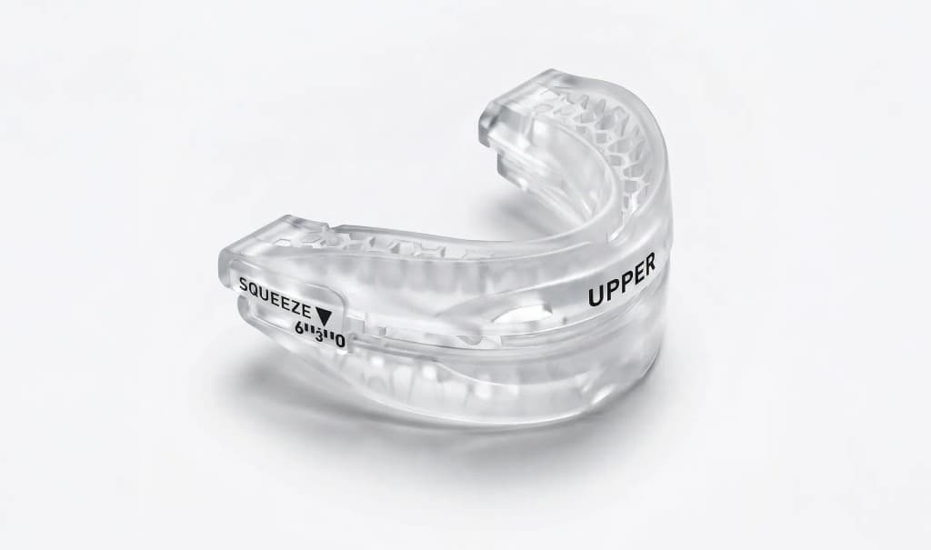 SnoreRX adjustable mouthpiece showing upper tray and squeeze adjustment markings